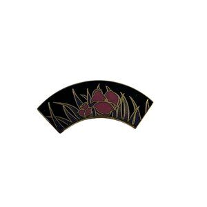 Vintage Isle of Skye Enamel Fan Brooch Pink Flowers Black Gold Tone Pin